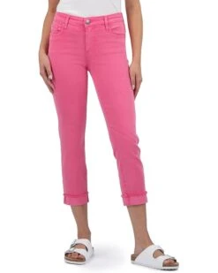 KUT from the Kloth Petite Amy Crop Straight Leg Roll-Up Fray in Sugar Coral | Jeans